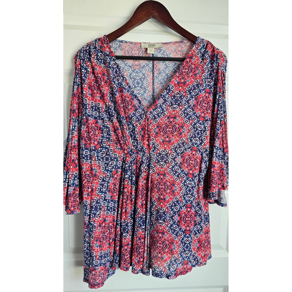 Vintage America Blues Womens  Geometric Medallion V-Neck Bell Sleeve Top L